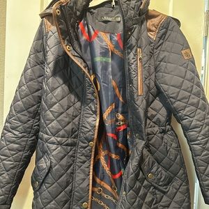 Faux-leather trimmed hooded quilted coat